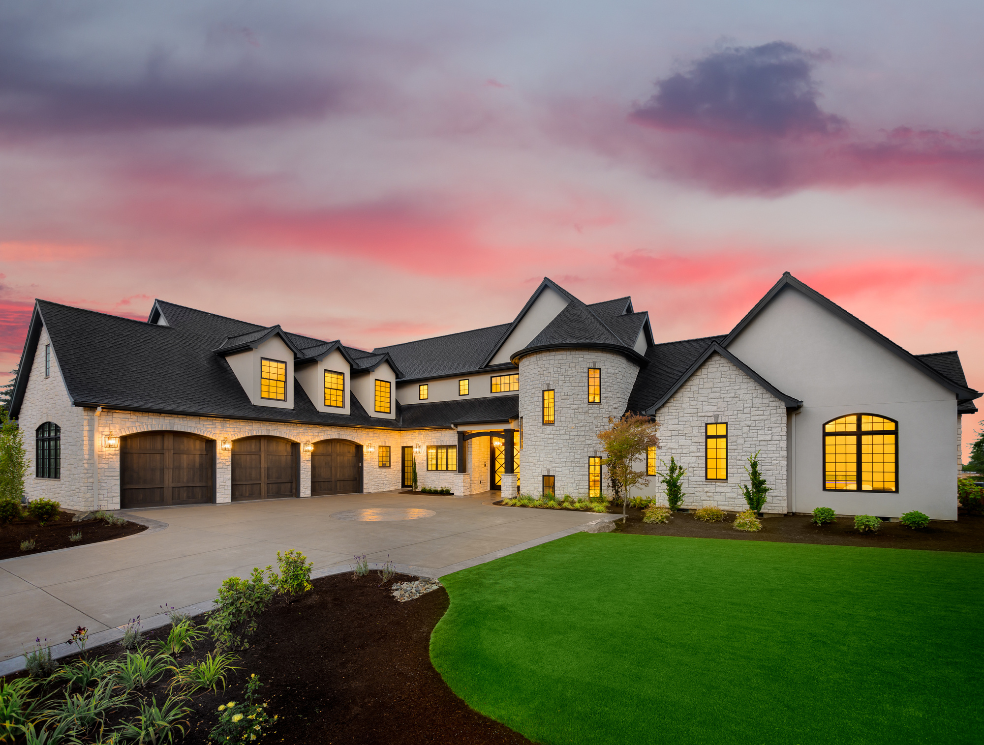 Beautiful luxury home exterior at sunset